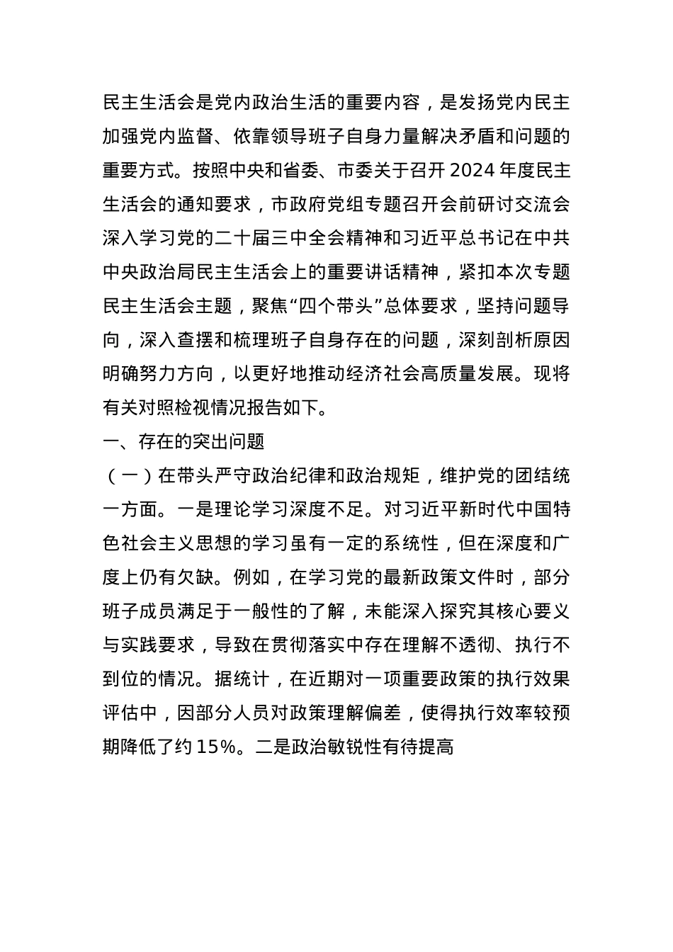 市政府关于2024年度民主生活会领导班子对照检视发言材料(1).docx_第1页