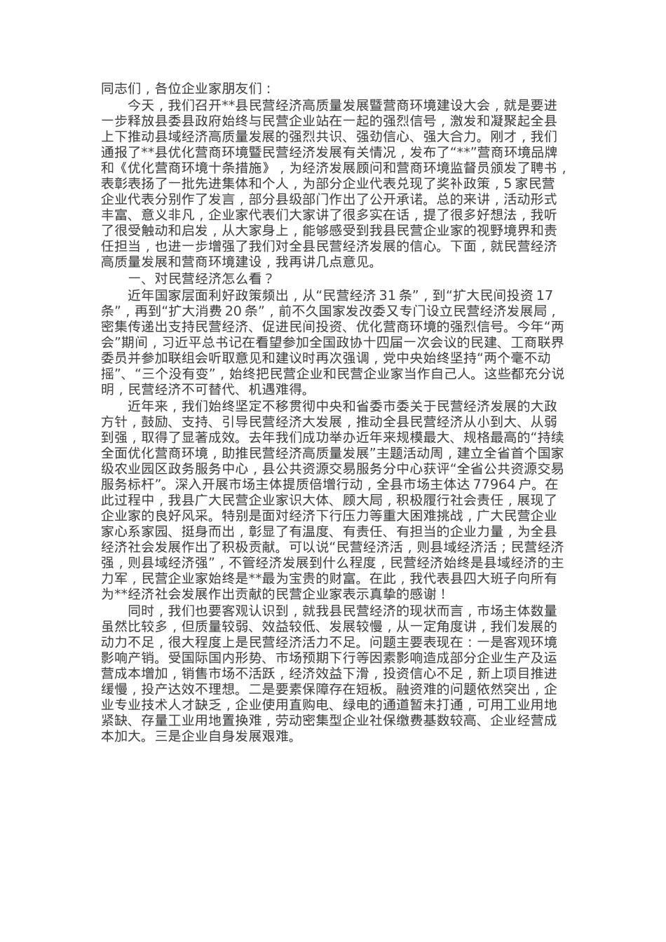 在民营经济高质量发展大会上的讲话.docx_第1页