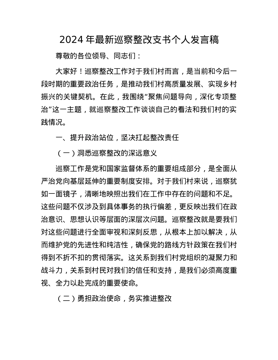2024年最新巡察整改支书个人发言稿(1).docx_第1页
