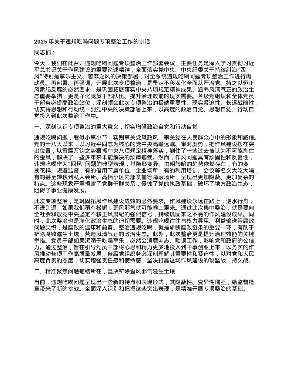 2025年关于违规吃喝问题专项整治工作的讲话.docx_第1页