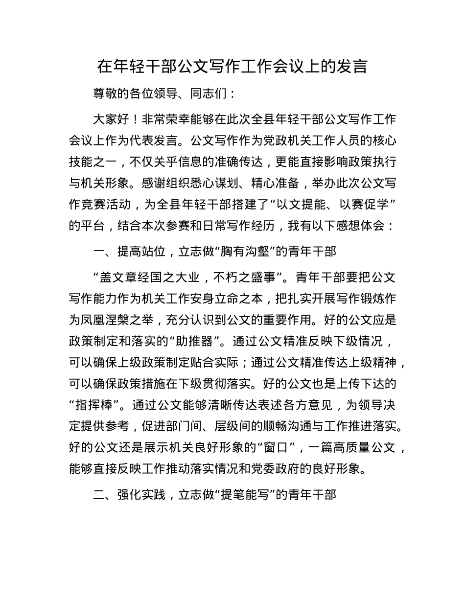 在年轻干部公文写作工作会议上的发言.docx_第1页
