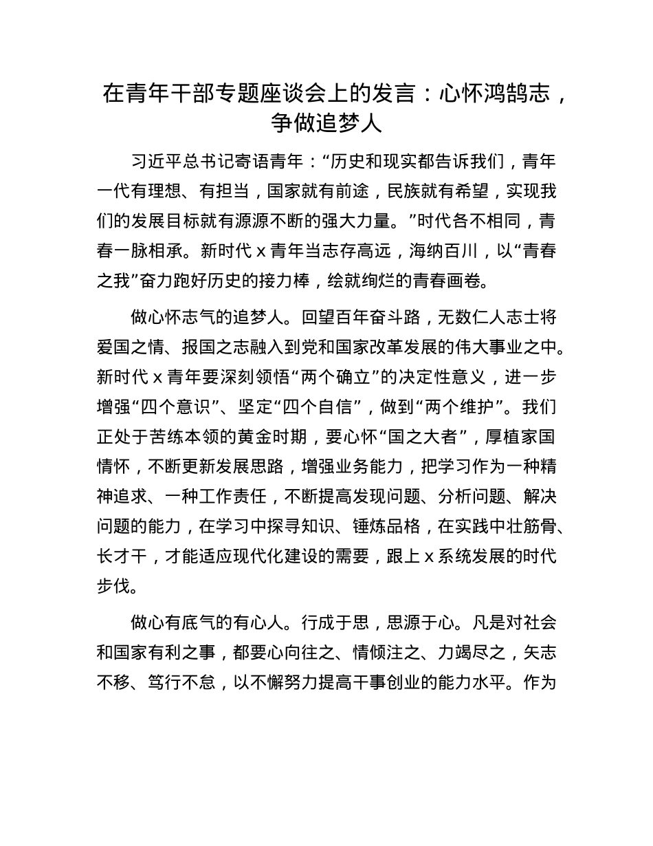 在青年干部专题座谈会上的发言：心怀鸿鹄志，争做追梦人.docx_第1页