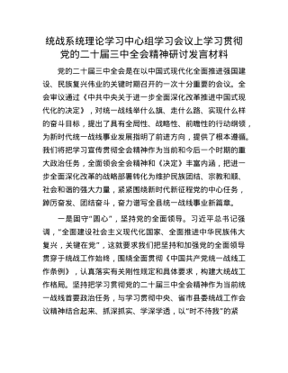 统战系统理论学习中心组学习会议上学习贯彻X的二十届三中全会精神研讨发言材料.docx
