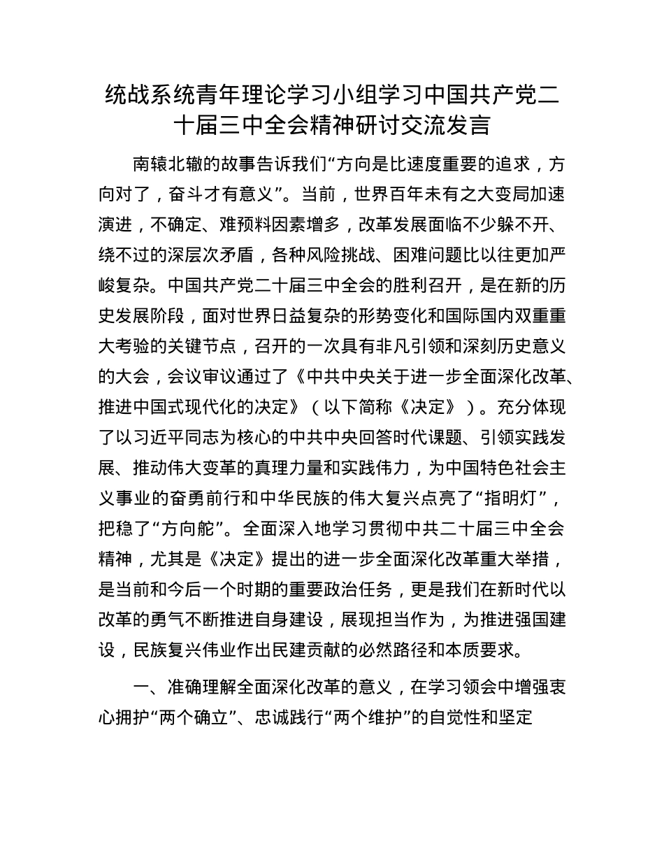 统战系统青年理论学习小组学习中国共产X二十届三中全会精神研讨交流发言.docx_第1页