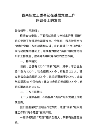 县两新党工委书记在基层党建工作座谈会上的发言.docx