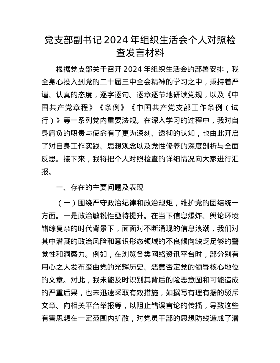 X支部副书记2024年组织生活会个人对照检查发言材料.docx_第1页