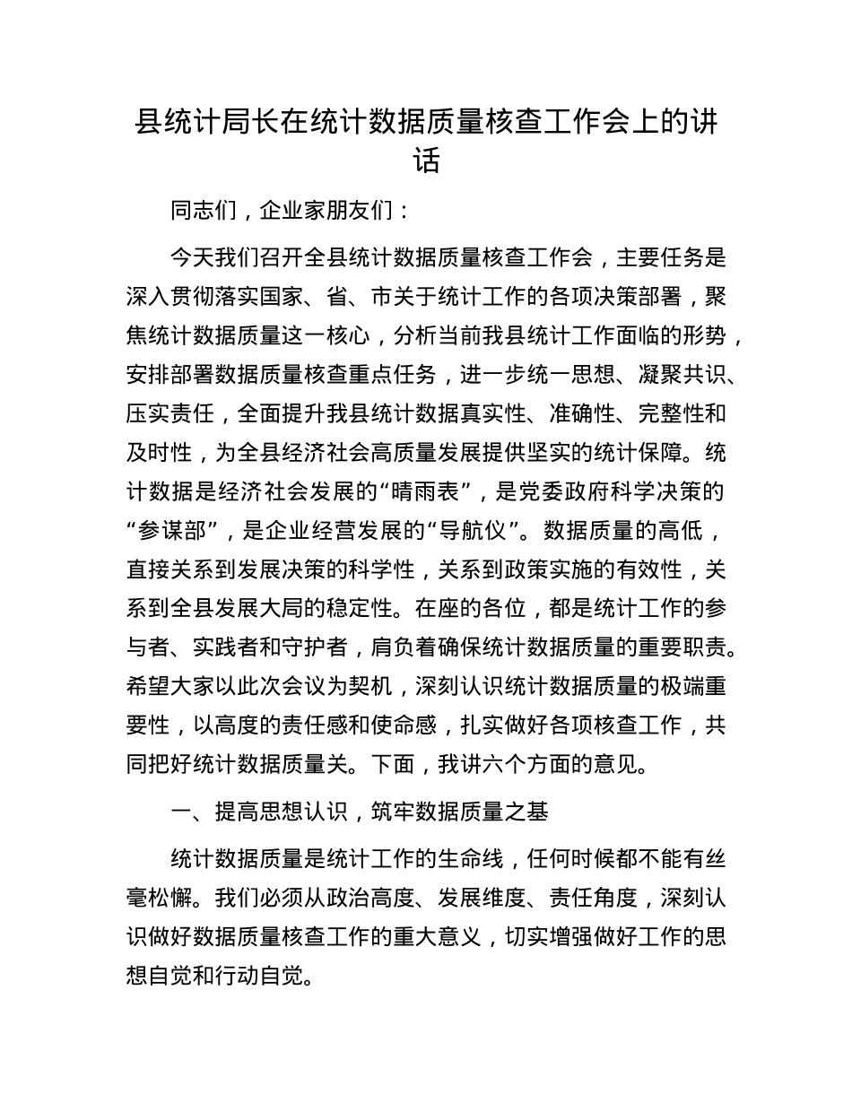 县统计局长在统计数据质量核查工作会上的讲话.docx_第1页