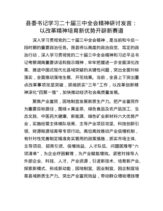 县委书记学习二十届三中全会精神研讨发言：以改革精神培育新优势开辟新赛道.docx