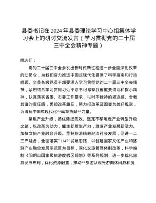 县委书记在2024年县委理论学习中心组集体学习会上的研讨交流发言（学习贯彻X的二十届三中全会精神专题）(1).docx