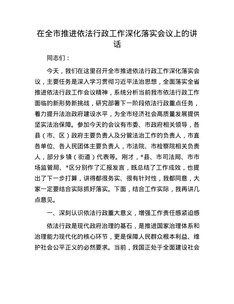 在全市推进依法行政工作深化落实会议上的讲话.docx_第1页