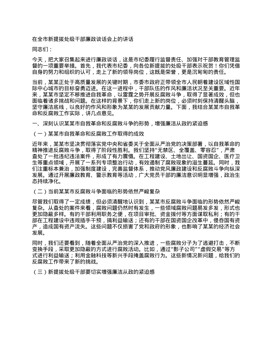 在全市新提拔处级干部廉政谈话会上的讲话.docx_第1页