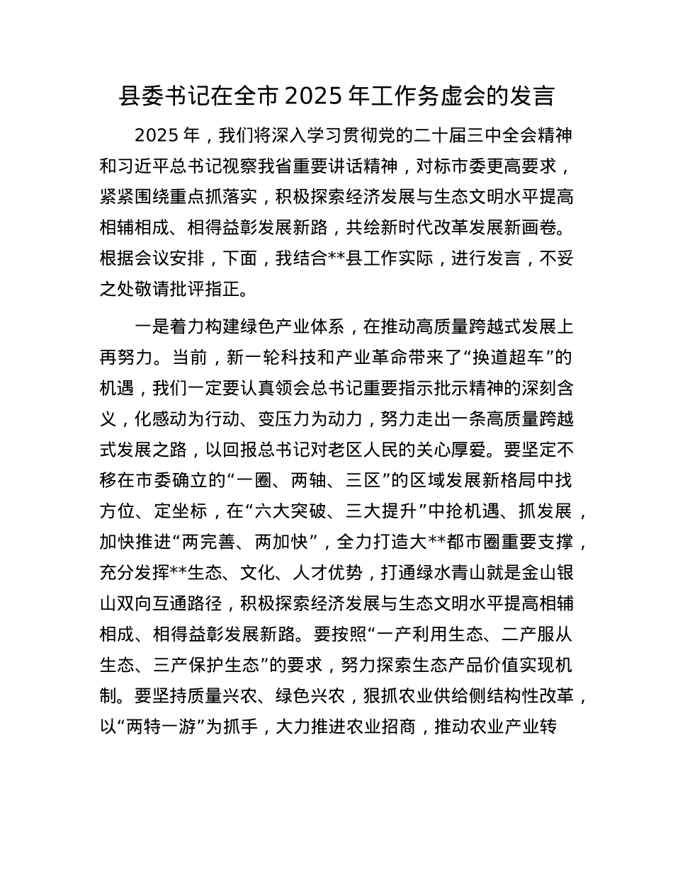 县委书记在全市2025年工作务虚会的发言(1).docx_第1页