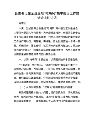 县委书记在全县违规“吃喝风”集中整治工作推进会上的讲话.docx