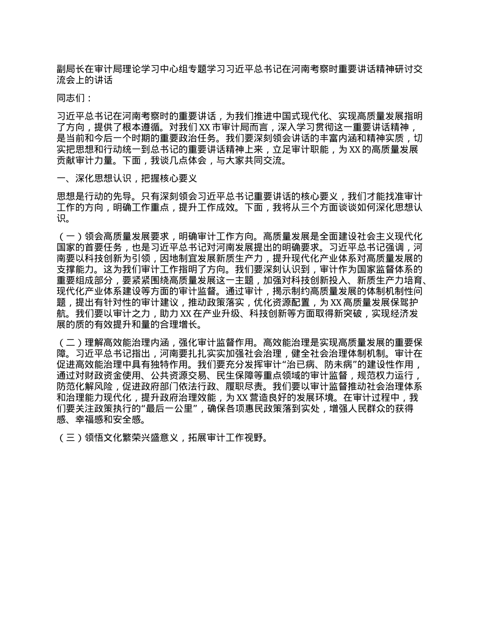 副局长在审计局理论学习中心组专题学习习近平总书记在河南考察时重要讲话精神研讨交流会上的讲话.docx_第1页