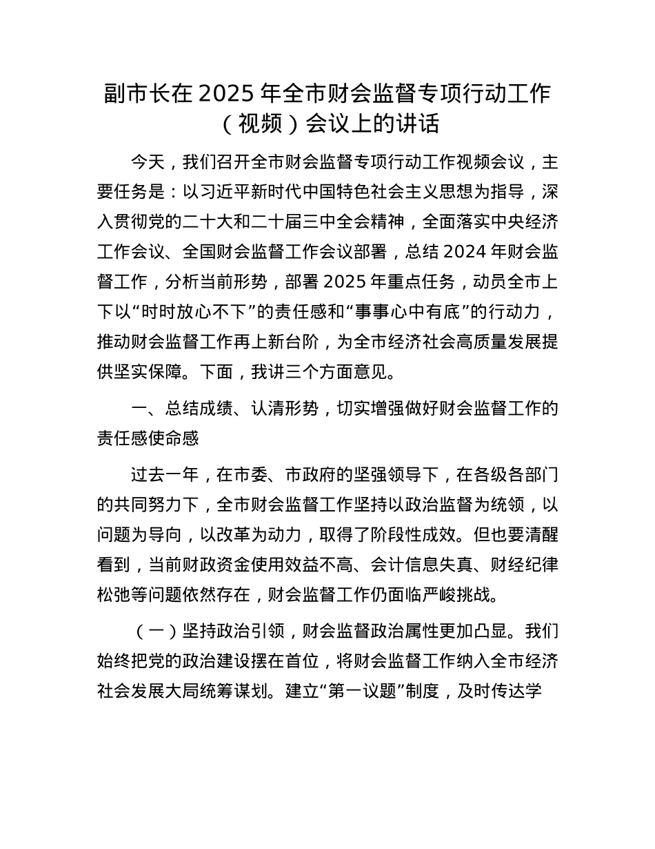 副市长在2025年全市财会监督专项行动工作（视频）会议上的讲话.docx_第1页