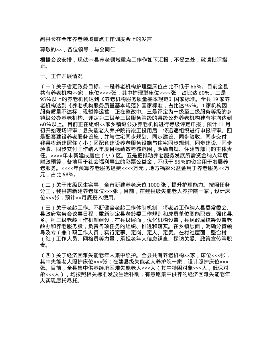 副县长在全市养老领域重点工作调度会上的发言.docx_第1页
