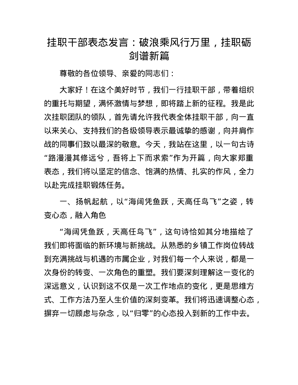 挂职干部表态发言：破浪乘风行万里，挂职砺剑谱新篇.docx_第1页