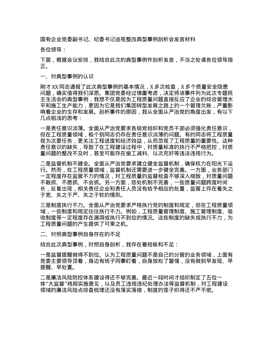 国有企业X委副书记、纪委书记巡视整改典型事例剖析会发言材料(1).docx_第1页