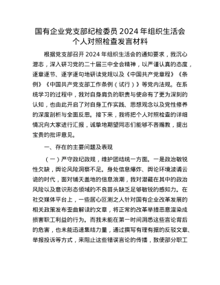国有企业X支部纪检委员2024年组织生活会个人对照检查发言材料.docx