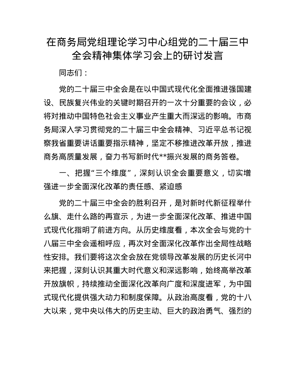 在商务局X组理论学习中心组X的二十届三中全会精神集体学习会上的研讨发言.docx_第1页