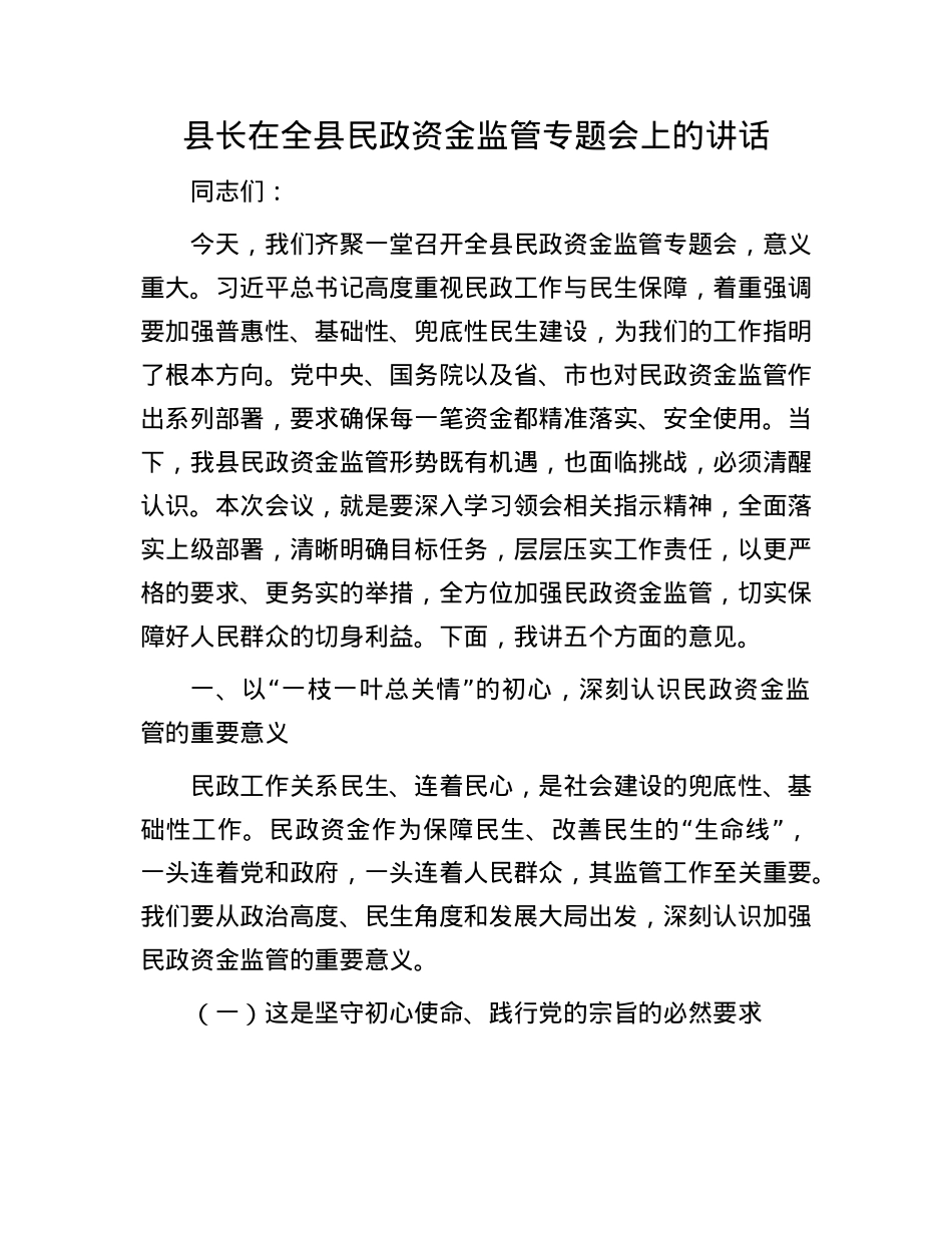 县长在全县民政资金监管专题会上的讲话.docx_第1页