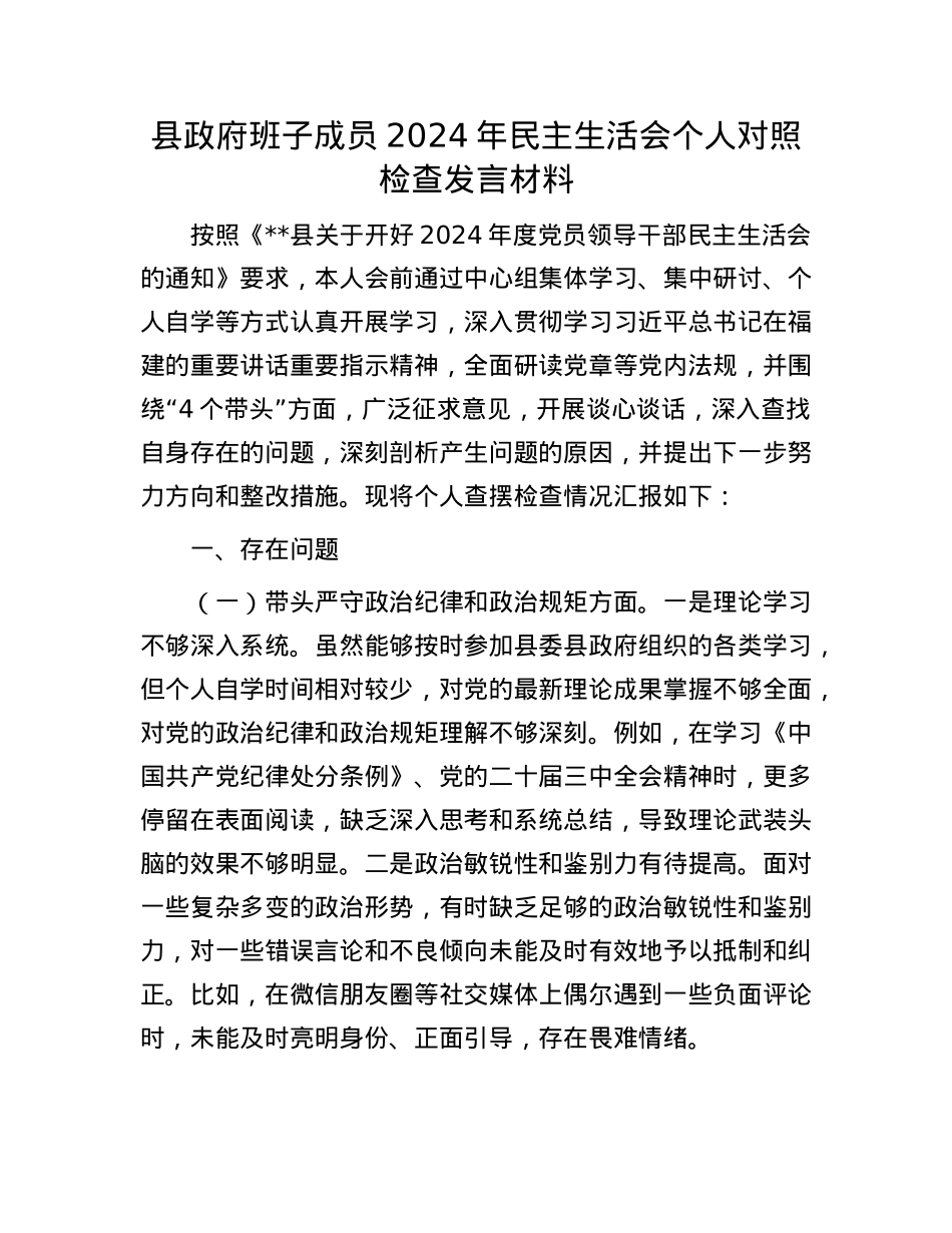 县政府班子成员2024年民主生活会个人对照检查发言材料(1).docx_第1页