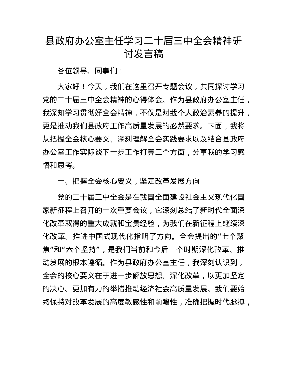 县政府办公室主任学习二十届三中全会精神研讨发言稿.docx_第1页