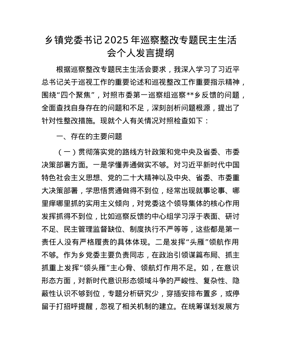 乡镇X委书记2025年巡察整改专题民主生活会个人发言提纲.docx_第1页