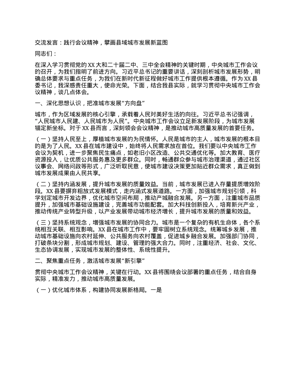 交流发言：践行会议精神，擘画县域城市发展新蓝图.docx_第1页