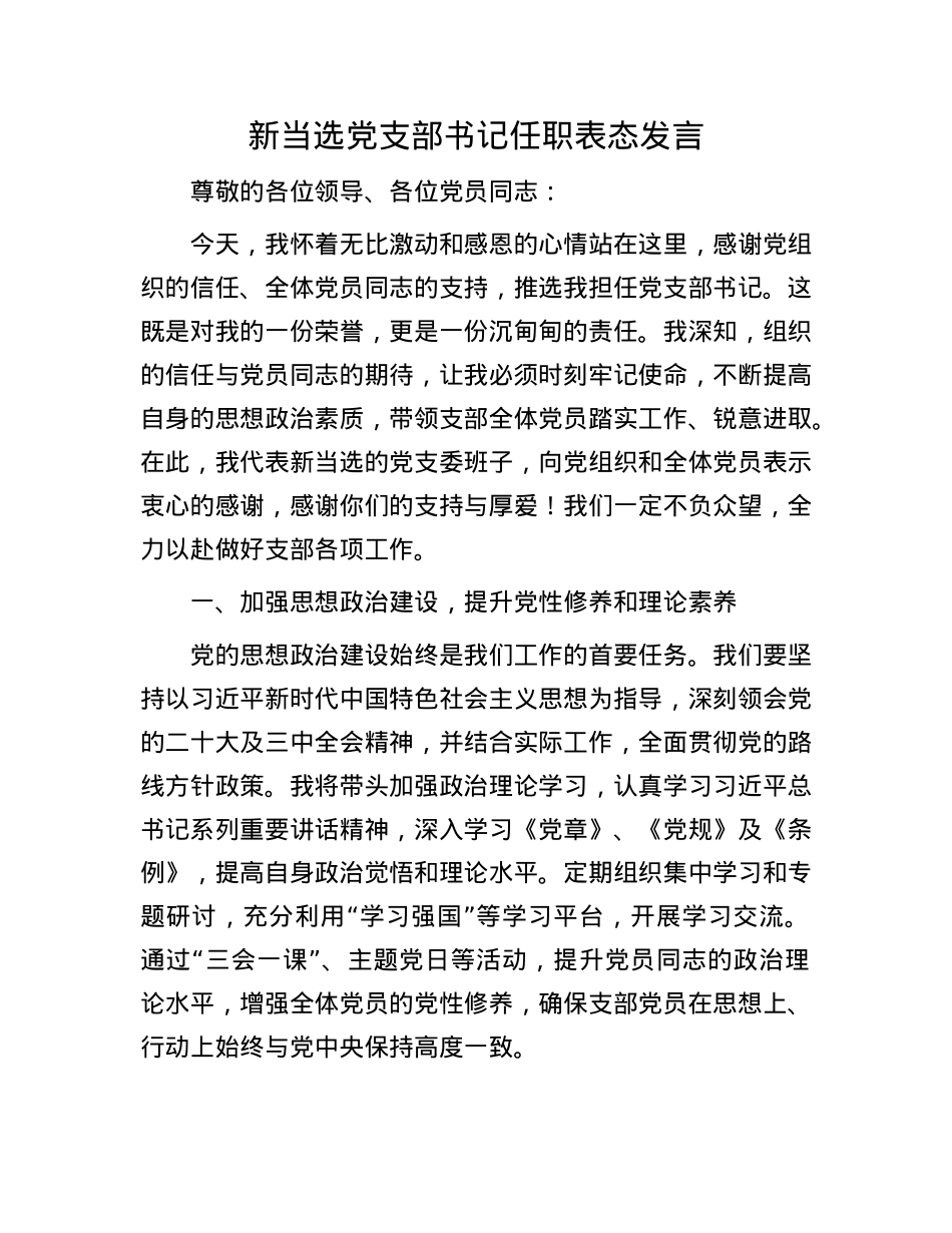 新当选X支部书记任职表态发言.docx_第1页