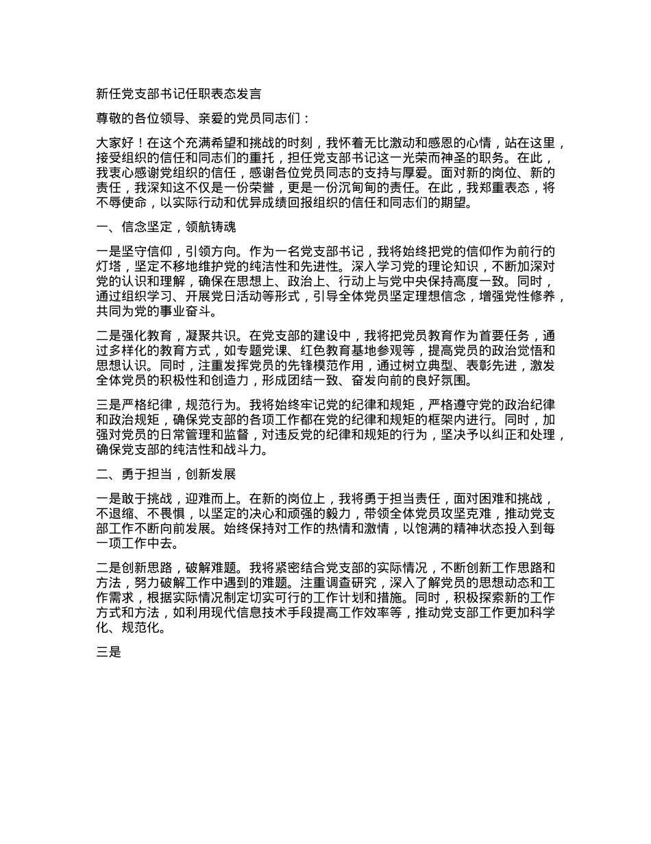 新任X支部书记任职表态发言.docx_第1页