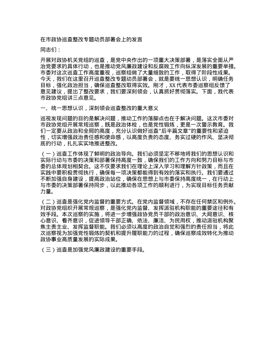 在市政协巡查整改专题动员部署会上的发言.docx_第1页