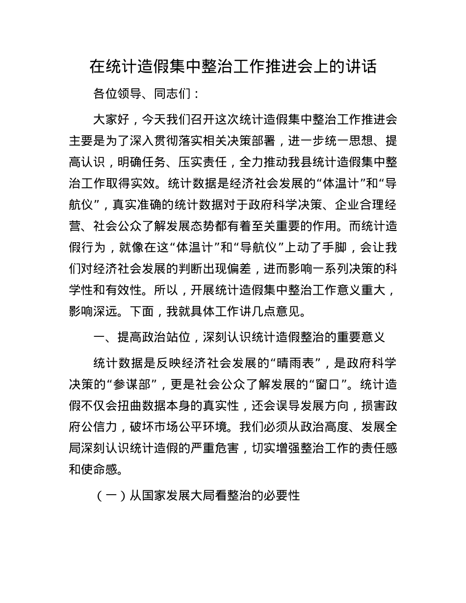 在统计造假集中整治工作推进会上的讲话.docx_第1页