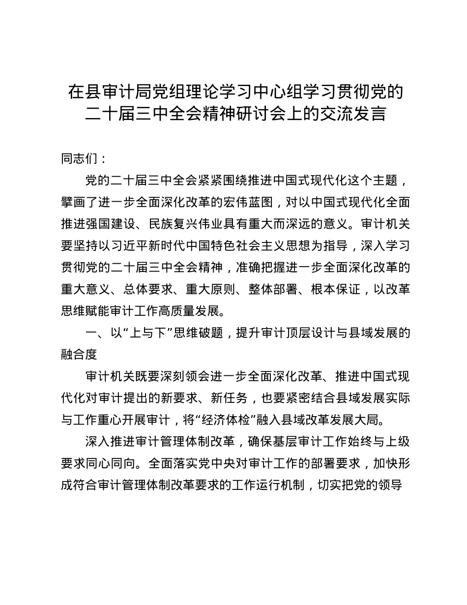 在县审计局X组理论学习中心组学习贯彻X的二十届三中全会精神研讨会上的交流发言(1).docx_第1页