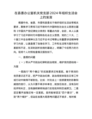 在县委办公室机关X支部2024年组织生活会上的发言.docx