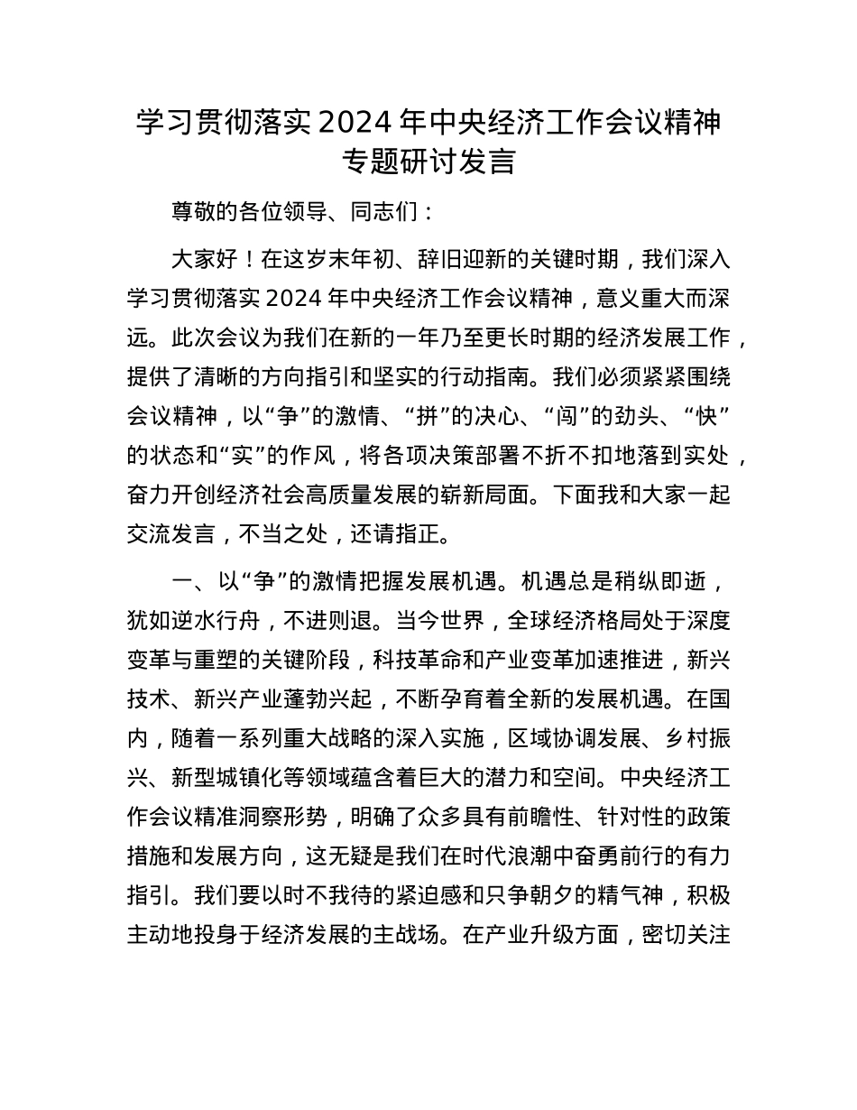 学习贯彻落实2024年中央经济工作会议精神专题研讨发言(1).docx_第1页