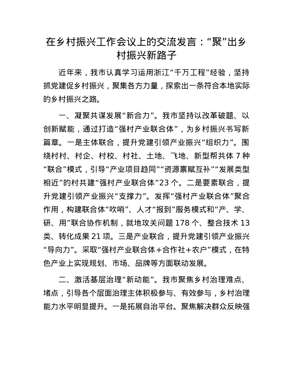 在乡村振兴工作会议上的交流发言：“聚”出乡村振兴新路子.docx_第1页