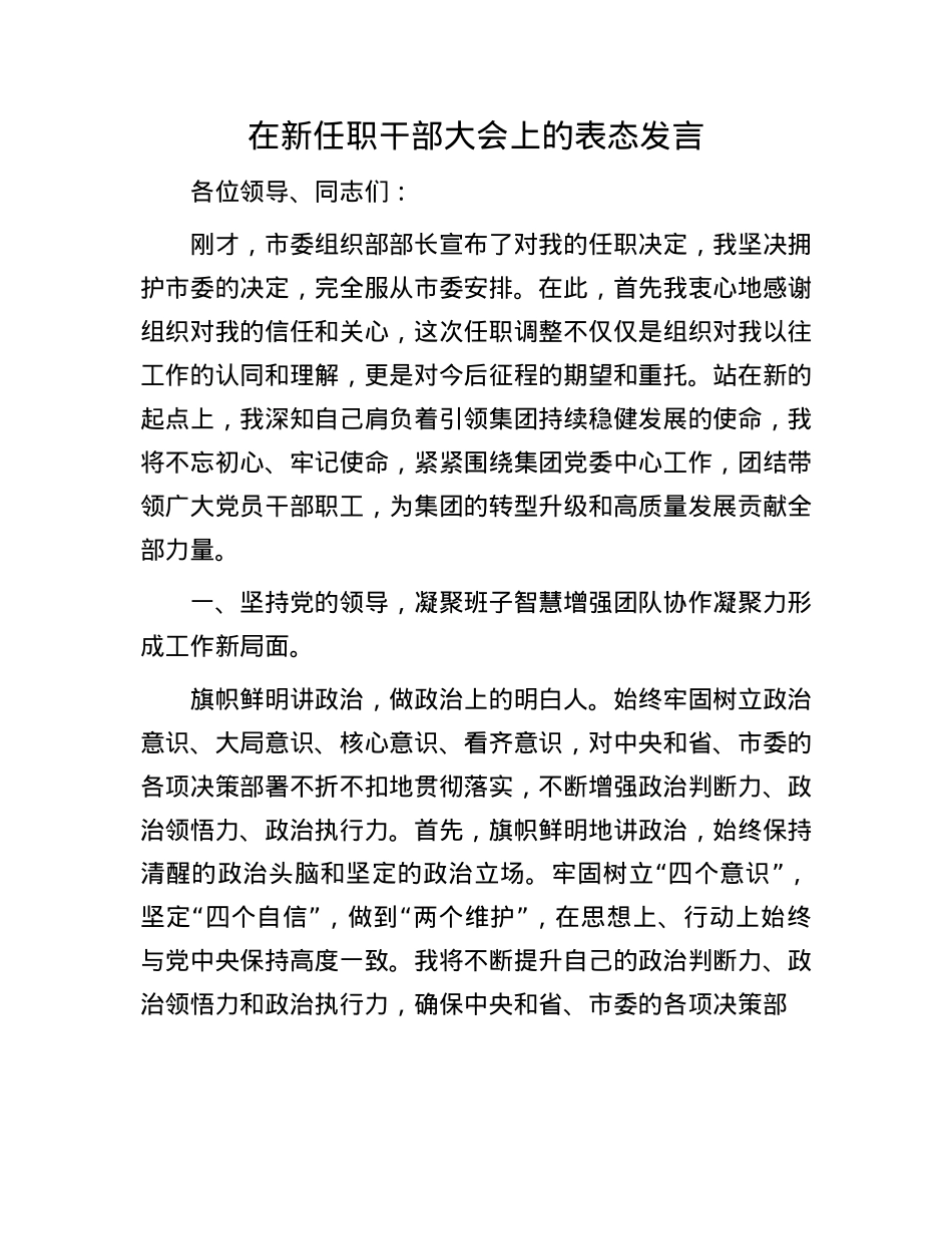 在新任职干部大会上的表态发言.docx_第1页
