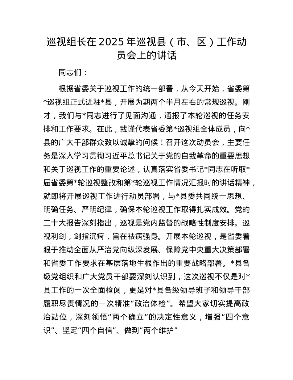 巡视组长在2025年巡视县（市、区）工作动员会上的讲话.docx_第1页