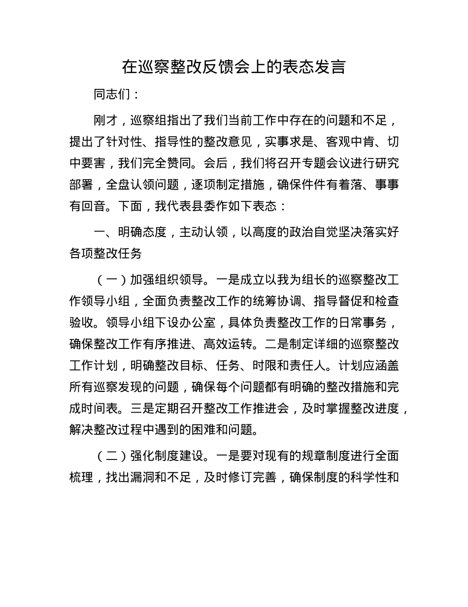 在巡察整改反馈会上的表态发言.docx_第1页
