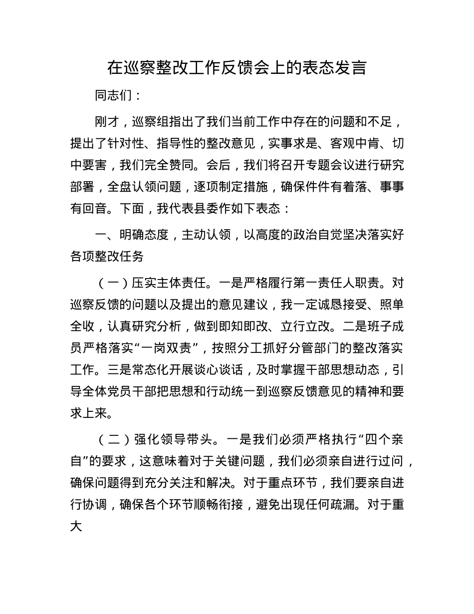 在巡察整改工作反馈会上的表态发言.docx_第1页