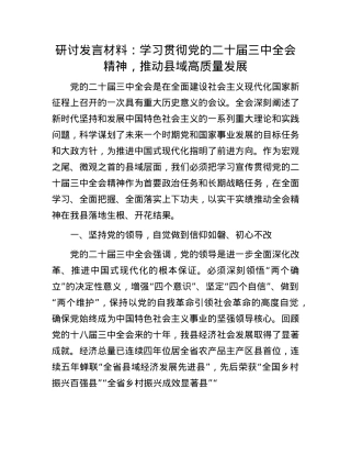 研讨发言材料：学习贯彻X的二十届三中全会精神，推动县域高质量发展.docx