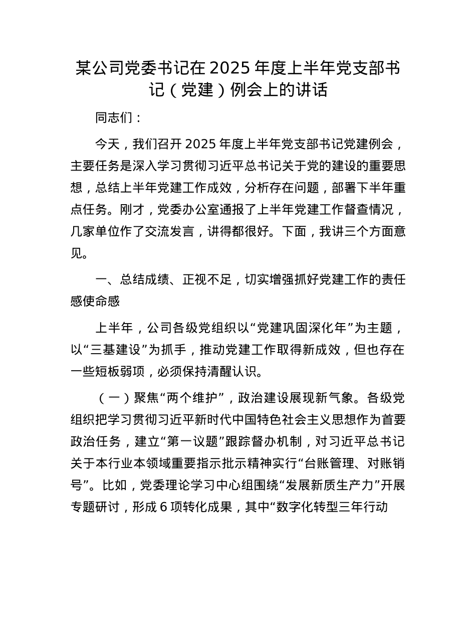 某公司X委书记在2025年度上半年X支部书记（X建）例会上的讲话.docx_第1页
