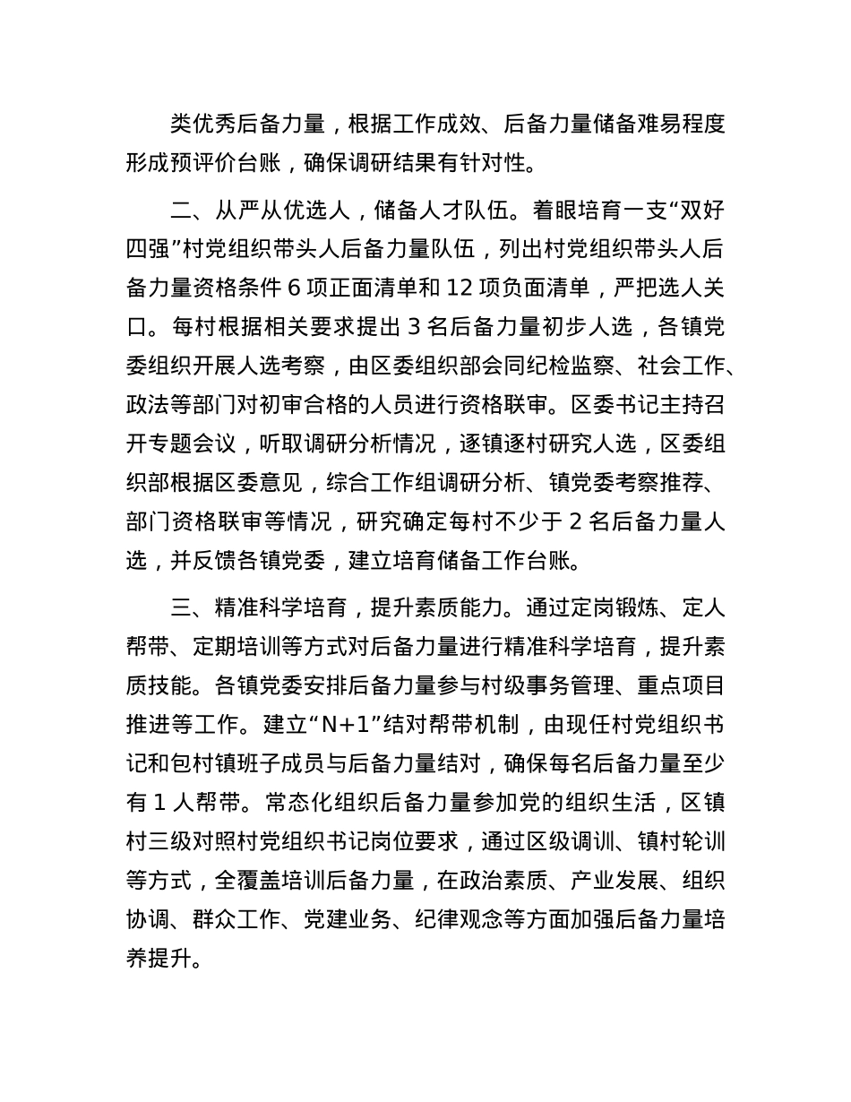 在抓X建促乡村振兴工作会议上的交流发言：扎实开展村X组织带头人后备力量培育储备行动，激发乡村振兴新活力.docx_第2页