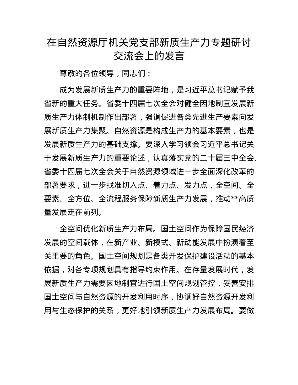 在自然资源厅机关X支部新质生产力专题研讨交流会上的发言.docx_第1页