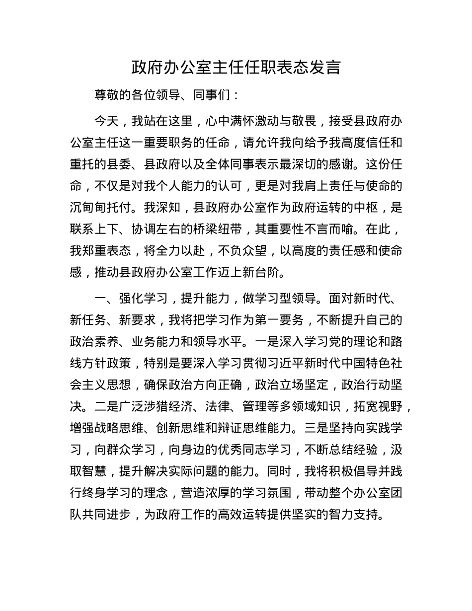 政府办公室主任任职表态发言.docx_第1页