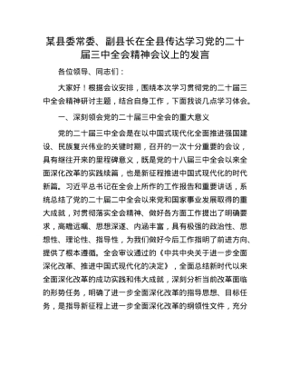 某县委常委、副县长在全县传达学习X的二十届三中全会精神会议上的发言.docx