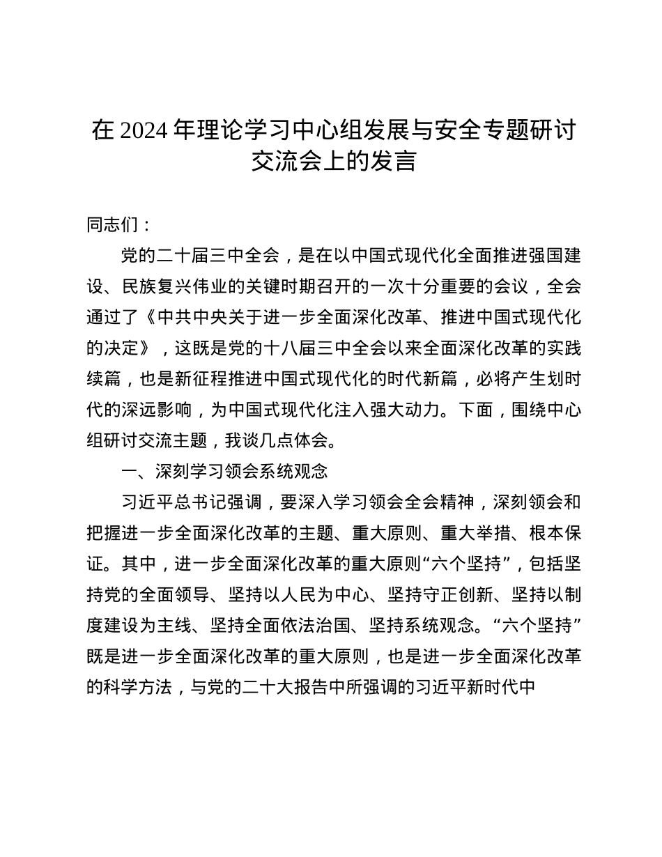 在2024年理论学习中心组发展与安全专题研讨交流会上的发言(1).docx_第1页
