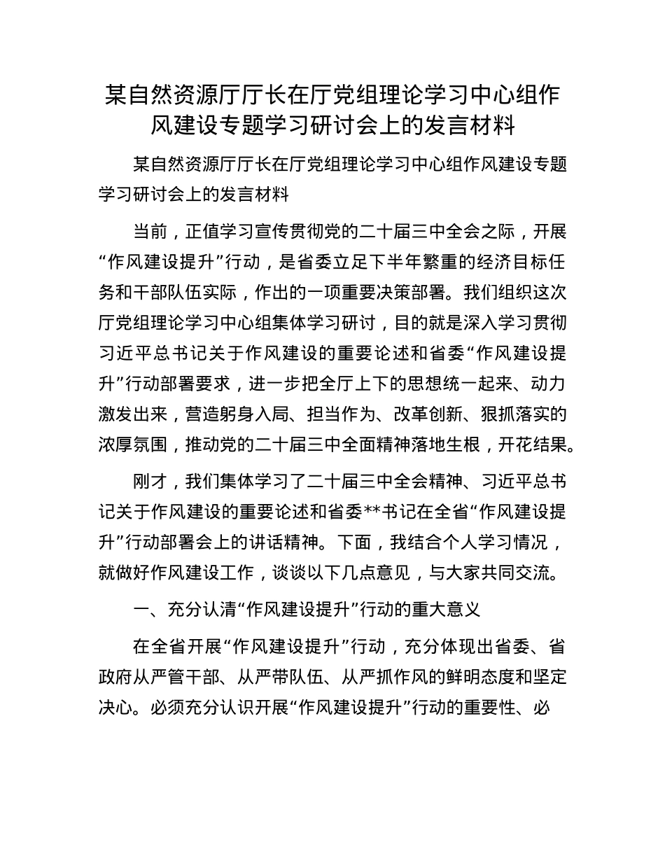 某自然资源厅厅长在厅X组理论学习中心组作风建设专题学习研讨会上的发言材料.docx_第1页