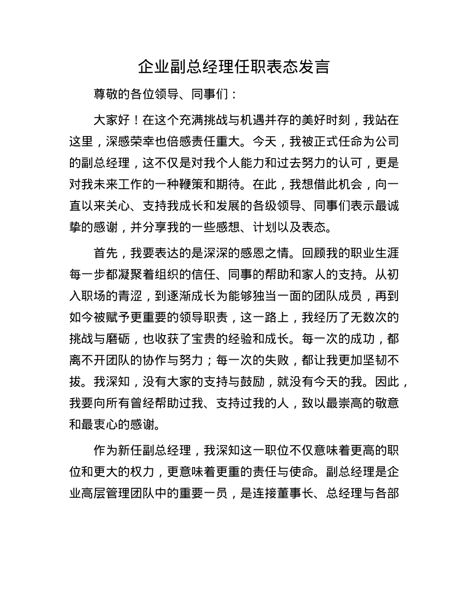 企业副总经理任职表态发言.docx_第1页